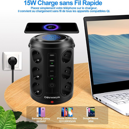 Multiprise 18 en 1 avec charge sans Fil et protection contre surcharges